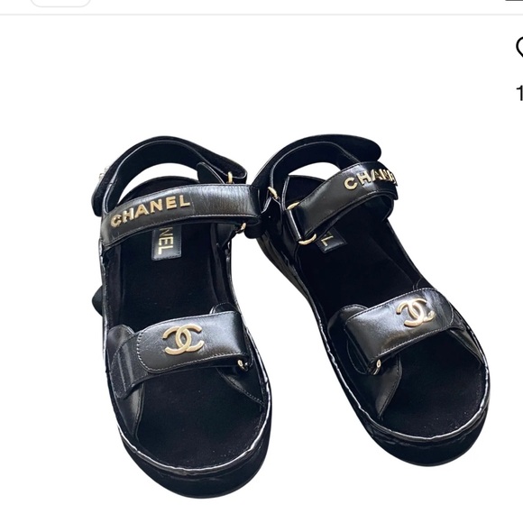 Chanel Black Sandals with Gold Accents dad sandals leather sandals - Picture 1 of 16